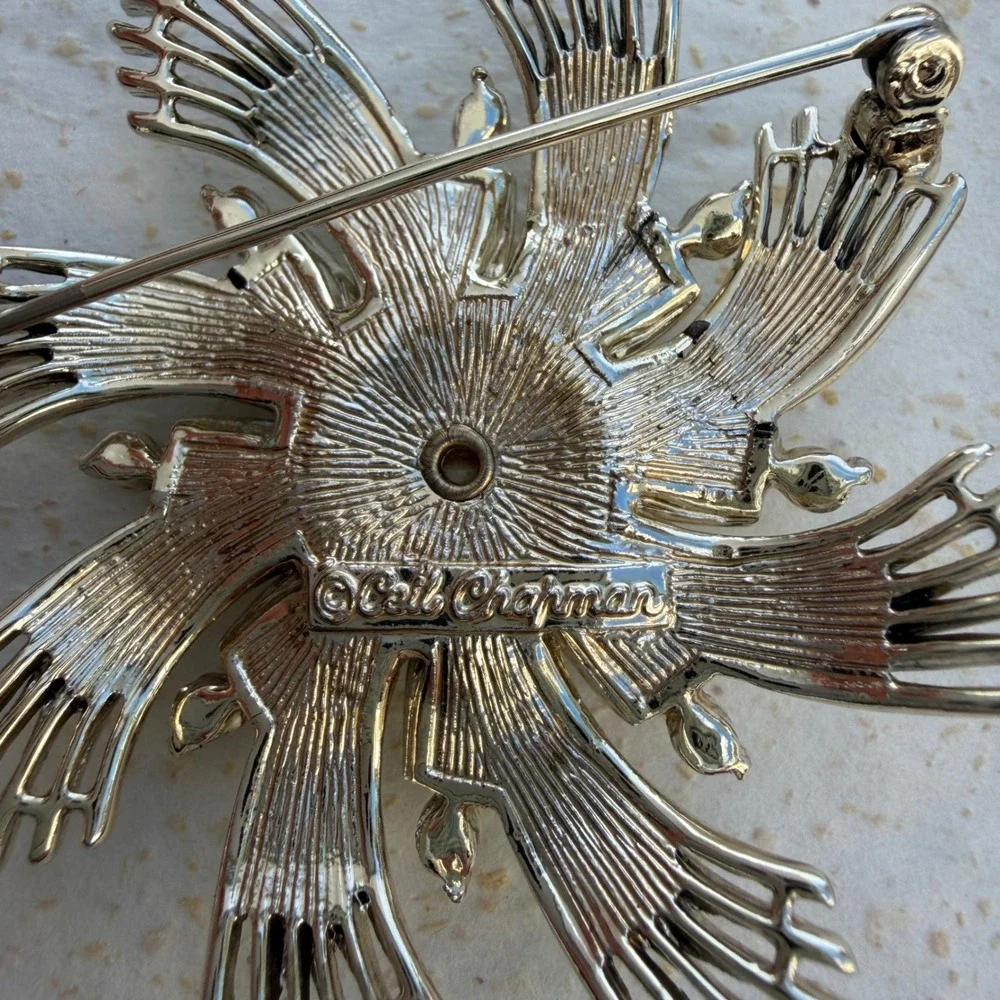 Ceil Chapman Vintage Silver Tone Sunburst Brooch Faux Pearl Rhinestone Flower